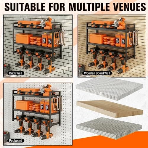 LylovolJovo Tool Organizer–drill rack-Wall Mounted–3-Tier–66 lb Capacity–Suitable for Cordless Tool Storage - Thumbnail 6