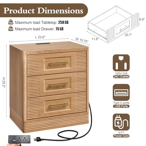 RECHHX 3 Drawer Dresser for Bedroom, 25.6" Tall Nightstand with Charging Station, Farmhouse 23.6" Wide End Table, Thermoformed Curved Small Chest of Drawers for Bedroom, Living Room, Nature Oak - Thumbnail 2
