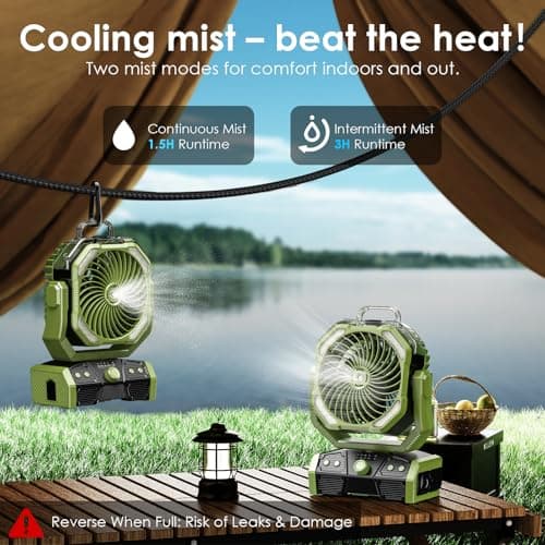 Minthouz 3-in-1 Camping Fan with 30000mAh Battery, Portable Outdoor Mist Fan with LED Light, 50H Runtime, Remote, 270° Tilt, 4.0m/s Wind, Quiet Camp Fan for Tent, RV, Patio, Backyard, Travel - Thumbnail 4