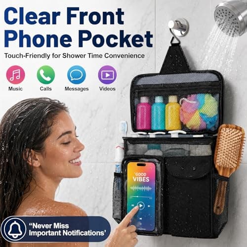 Dorm Room Essentials for Guys Girls, Mesh Shower Caddy Portable, Large Capacity Toiletry Shower Bag with Hanging Hook for Full-Sized Bottles, Multi-Pocket Organizer for College Gym Camping Travel - Thumbnail 4
