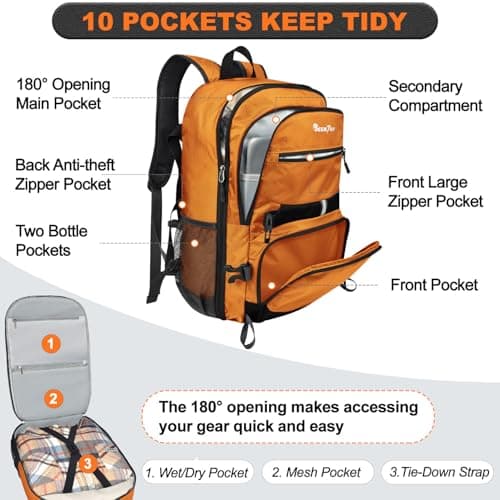 Seektop 40L Foldable Hiking Backpack for Women Men Lightweight Packable Travel Backpack Carry on Flight Approved for Outdoor Camping Sport Leisure (Orange) - Thumbnail 2