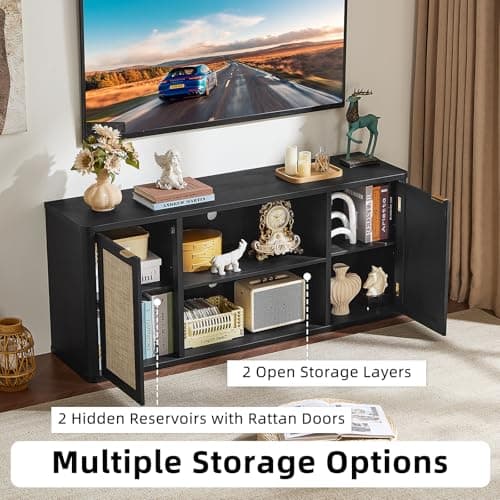 LEYAOYAO Rattan TV Stands for Living Room, Boho Entertainment Center with Storage and Open Shelf, Wood Media Console for 50-65 Inch TV, Black - Thumbnail 2