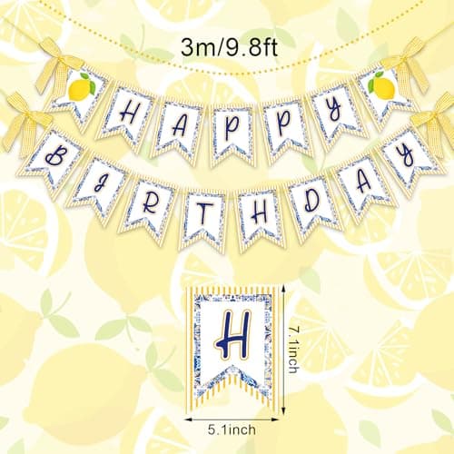 JarThenaAMCS 2 Pcs Lemon Happy Birthday Banner 3D Yellow Blue Chinoiserie Lemon Birthday Paper Banner with Ribbon Bow Pre-Assembled Hanging Garland for Summer Lemon Birthday Party Decoration - Thumbnail 2