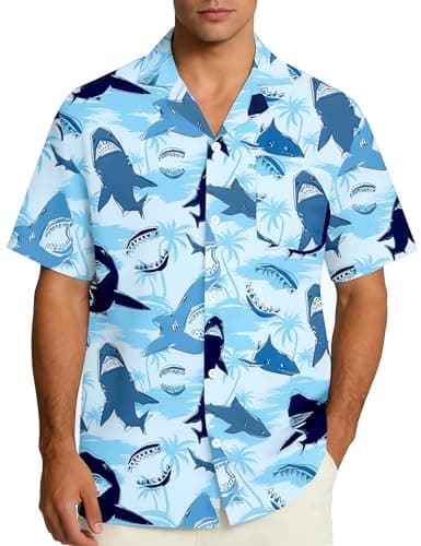 EoBeKee Men's Hawaiian Shirt Short Sleeve Button Down, Shark Print Tropical Beach Shirts Casual Summer Vacation Tops - Image 1
