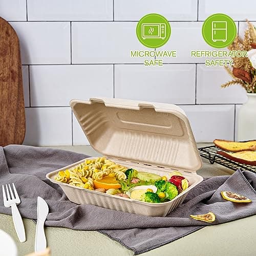 ECOLipak 75 Pack Clamshell Take Out Food Containers, 100% Compostable To Go Containers Disposable, 9X6 inch Heavy-Duty To Go Boxes, Eco-Friendly Biodegradable To Go Containers For Food - Thumbnail 3