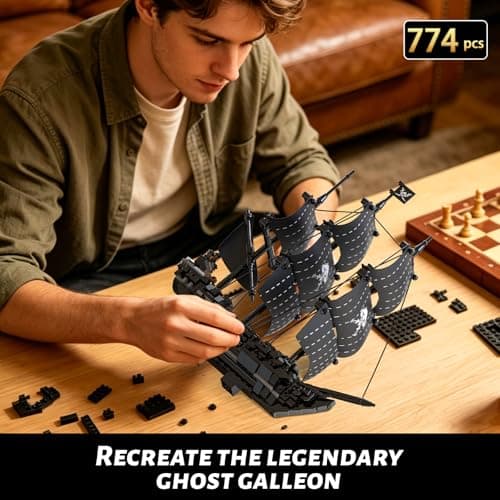 Xbert Pirate Ship Building Set - Black Pearl Ship Model with Display Stand, Desktop Decor Collectible for Men, Adult, Ship Building Blocks Toys for Display - Thumbnail 2