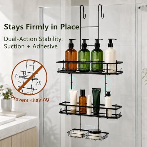 OMAIRA Over The Door Shower Caddy, 3-Tier Hanging Shower Organizer with 8 Hooks & Soap Holder, Height-Adjustable Rustproof Bathroom Shelf for Shower Door, No Drilling Storage Rack, Black - Thumbnail 3