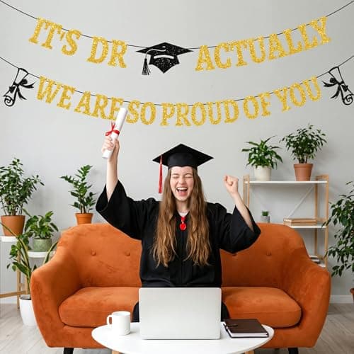 Lednica It’s Dr Actually Banner, Class of 2026 Congrats Doctor Graduation Hanging Decorations, Black Gold Doctorate Degree Grad Party Supplies & Decor, We're So Proud of You Photo Props - Thumbnail 4