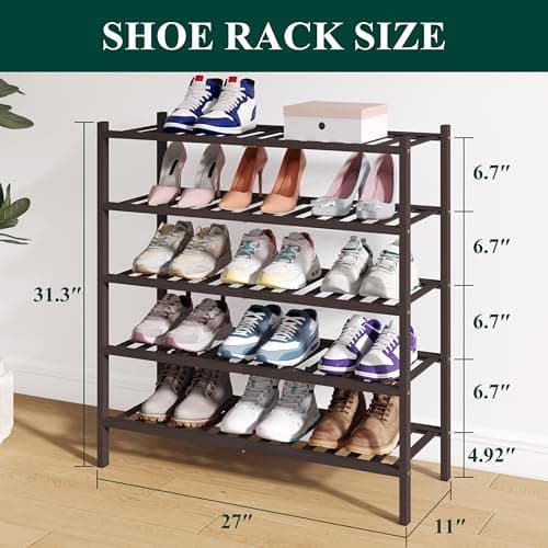 Smiry Bamboo Shoe Rack for Closet, 5 Tier Wooden Stackable Shoe Organizer, Free Standing Shoes Storage Shelf for Entryway, Front Door Entrance, Brown - Thumbnail 2