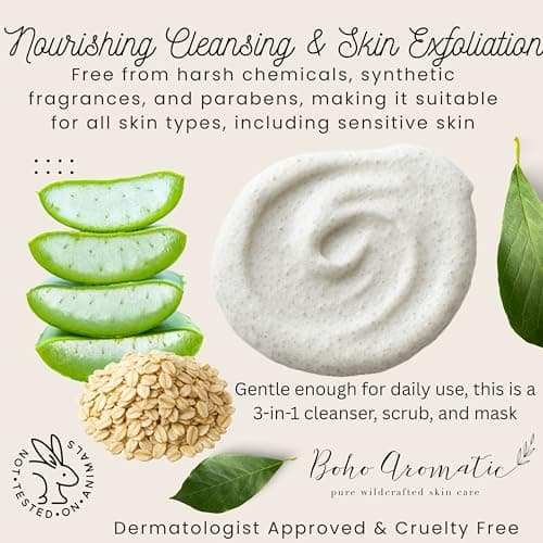 Exfoliating Face Scrub for Dry & Sensitive Skin – Gentle Oatmeal Facial Exfoliator & Cleanser, Soothing Milky Oat Polish, Hydrating Physical Scrub – Boho Aromatic - Thumbnail 3