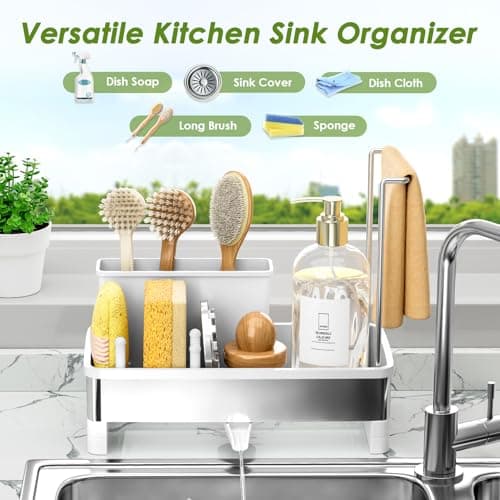 Ewaiira Stainless Steel Sink Caddy, Sponge Holder for Kitchen Sink with Brush Holder & Dishcloth Rack, Rustproof Organizer Countertop, Soap Dispenser Kitchen Organizers Storage Essentials, White 9.8″ - Thumbnail 3