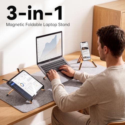 Laptop Stand for Desk, Foldable Aluminum Alloy Magnetic Computer Riser, Ergonomic 8-Level Adjustable Height Travel Laptop Holder,Multi-Functional Stand for 10–16"Laptop,4–13" Tablet and Phone - Thumbnail 2