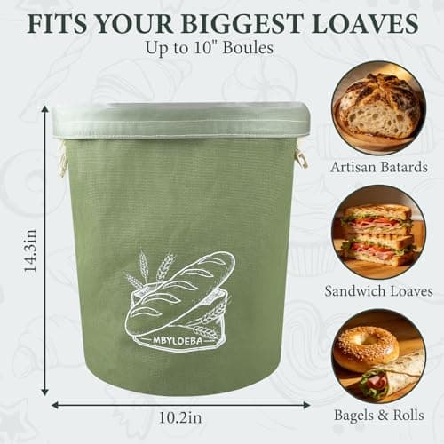 Sourdough Bread Bags for Homemade Bread, Aesthetic 16oz Canvas Stand-Up Reusable Bread Bag, Hard Bottom Bakery Keeper with Waterproof TPU Lining, Modern Sage Green - Thumbnail 2