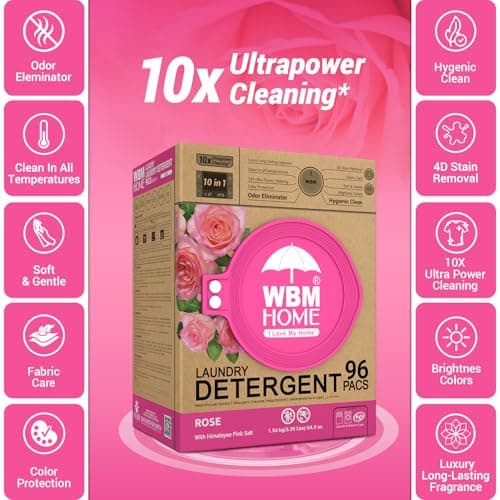 WBM Home 10-in-1 Laundry Pods, Total 96 Count, Ultra Concentrate with Powerful Stain Lifter Technology, Fabric Softener With Rose Extracts, Detergent Pods - Thumbnail 3