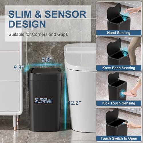 Vanpopubs 2 Pack 2.7 Gal Bathroom Trash Can with Lid, Automatic Trash Can Small Smart Garbage Can Touchless, Slim Motion Sensor Waterproof Plastic Trash Bins for Bedroom Office Kitchen Toilet Black - Thumbnail 2