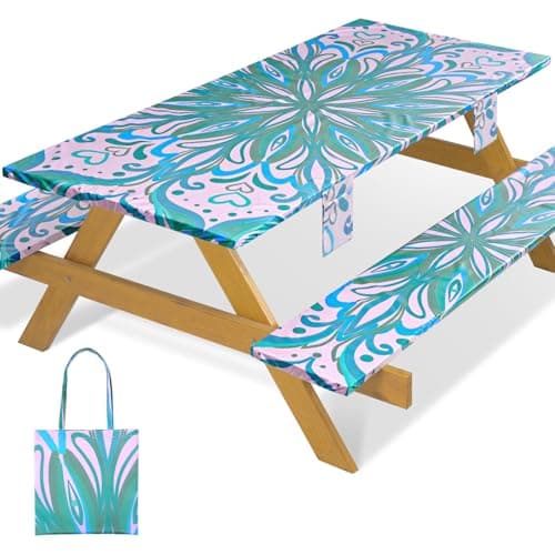 memKiya Fitted Waterproof Picnic Table Cover with Bench Covers Elastic Polyester 96in Camping Tablecloths for 8Foot Rectangle Tables Summer Fall Glamping Roadtrip Stuff Festival Vacation Items Gift