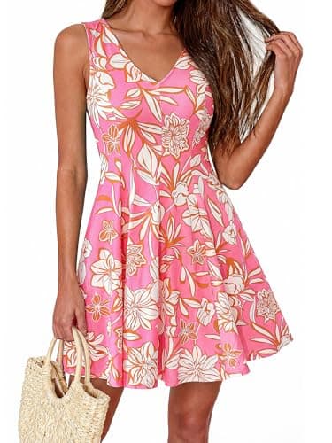 BTFBM Womens Summer Dresses 2026 Spring Casual Sleeveless Floral Knit Flowy A-Line Mini Dress Pockets Beach Sundress(Floral Pink Beige, Large) - Image 1