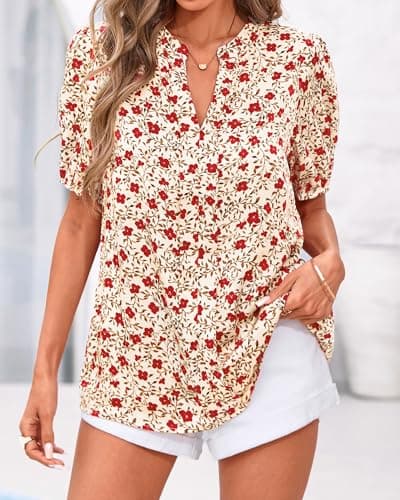BTFBM Womens Tops 2026 Spring Casual Loose Puff Sleeve V Neck Floral Satin Work Blouse Dressy T Shirts Silk Tunics(Floral Apricot Red,Large) - Thumbnail 2