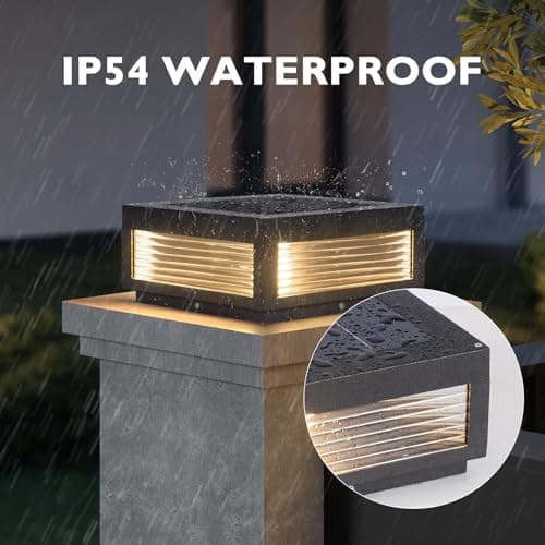 PAKEDANDUN Solar Post Light,11.81''x11.81'' Waterproof Column Pillar Lights Dusk to Dawn Modern Lamp Posts 3000K LED E26 Bulb Decoration Lantern for Garden Fence Patio Driveway - Thumbnail 4