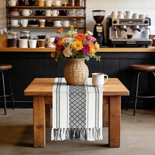 yuboo Black and White Striped Table Runner Farmhouse Style, Modern Short Woven Coffee Table Runner 48 Inches Long, Geometric Dresser Runners for Bedroom, Nightstand, Black Gothic Table Decor - Thumbnail 3