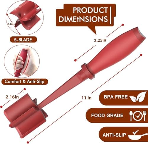 Meat Chopper for Hamburger, Premium Heat Resistant Masher and Smasher for Ground Beef, Ground Turkey and More, Nylon Ground Beef Chopper Tool and Meat Fork, Non Stick Mix Chopper (red (color)) - Thumbnail 3