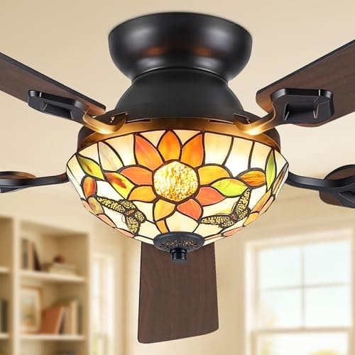 Fanbulous 52 Inch Tiffany Ceiling Fan Chandelier Stepless Color 24W LED, Remote & APP Control Quiet DC Motor Flush Mount Ceiling Fan, Retro Stained Glass Shade, 5 Dual-Finish Blades for Living Room - Image 1