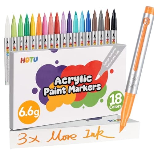 HOTU High Opacity Acrylic Paint Markers Brush Tip 18 Colors, Automatic Ink Control Acrylic Markers for Adults Coloring Book No bleeding, Paint Pens for Rock Painting Fabric Wood Eggs DIY Crafts - Image 1