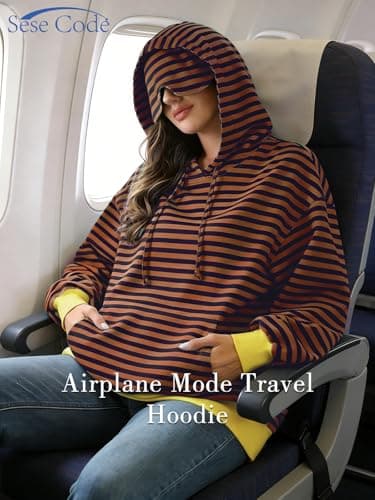 SeSe Code Hoodie With Eye Mask Striped Airplane Travel Womens Mens Oversized Sweatshirt Sleep Pullover Color Block Brown Khaki L - Thumbnail 2
