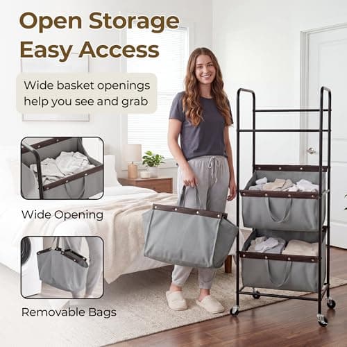 GRANNY SAYS 3 Tier Laundry Sorter, Laundry Hamper with Wheels, Laundry Room Organization and Storage, 3 Section Rolling Laundry Cart for Dorm, Bathroom, Bedroom, Closet, Grey - Thumbnail 4