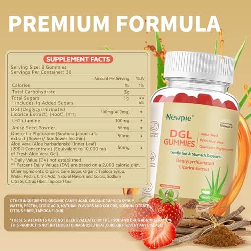 DGL Gummies | Deglycyrrhizinated Licorice Root Extract, Quercetin, Aloe Vera, Anise Seed Powder | Gut Health, Stomach Soothe, Gerd Support, Digestive Comfort | Gluten Free, 120 ct(Strawberry Flavor) - Thumbnail 2