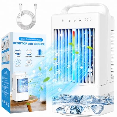 Portable Air Conditioners, Upgraded 90° Auto Swing Evaporative Air Cooler, 3 Speeds & 2/4H Timer, 900ml Large Tank, 7 Color Light, Personal Air Conditioner AC Cold Fan for Bedroom Office Desk Camping - Image 1