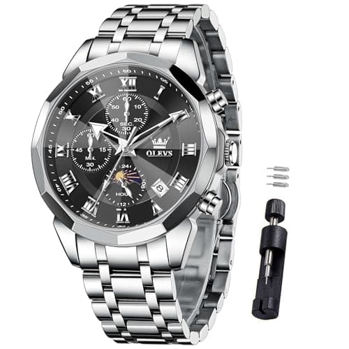 OLEVS Watch Men Luxury Black Face Sliver Stainless Steel Dress Waterproof Wrist Watches for Men Casual Analog Quartz Moon Phase Chronograph Mens Watch Relojes De Hombre - Image 1