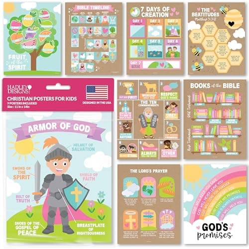 Hadley Designs Sunday School Decorations for Classroom –9 Bible Posters for Kids, Books of the Bible, 10 Commandments, Bible Timeline Chart, Fruits of the Spirit, Kraft Christian Classroom Decor