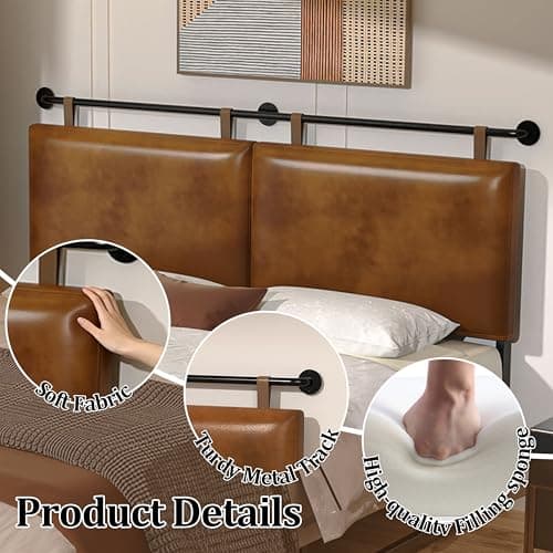 BSHOMGI Queen Headboard, Hanging Headboards with Brown Faux Leather Industrial Pipe Modern Style Only for Bed Backboard Headboards for Queen Size Bed - Thumbnail 4