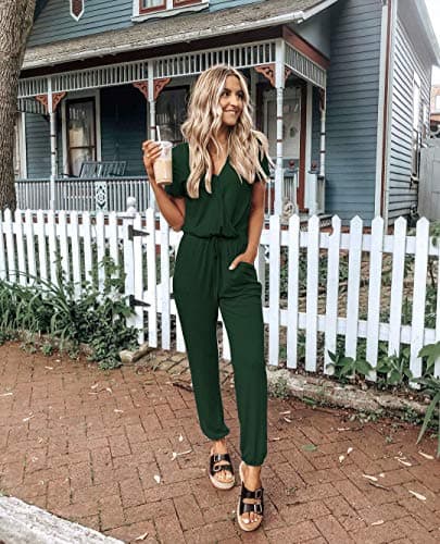 PRETTYGARDEN Jumpsuits for Women 2026 Spring Summer Casual Dressy Short Sleeve Romper Airport Vacation Travel Outfits (Dark Green,Large) - Thumbnail 2