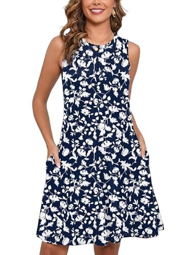 Heymoments Women Summer Dress Floral Print Large Sleeveless Crew Neck Casual Cute Loose Fitting Tank Sundress Comfy Swing Midi Flowy A-line Trendy Beach Vacation Teacher Dresses with Pockets - Image 1