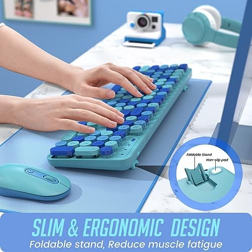 Wireless Keyboard and Mouse, LIZRROT Silent Keyboard Mouse Combo, Full-Sized Colorful Typewriter Keyboard with Round Keycaps, 2.4G Cute Mouse Compatible with PC/Laptop/Computer(Blue) - Thumbnail 2