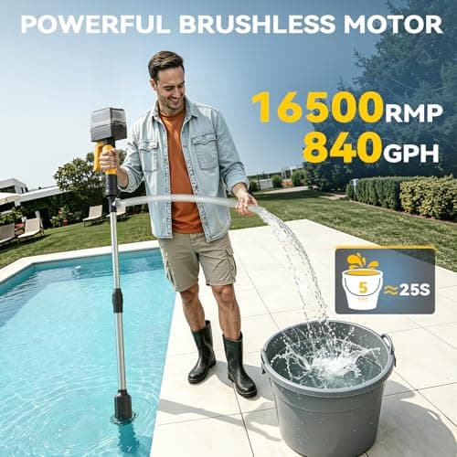 840GPH Brushless Cordless Stick Water Transfer Pump Compatible With DeWalt 20V (only tool), Auto Shut-Off, 38FT Lift 3-Speed, Extendable & IP68 with Hose Kit for Pool Garden Basement RV Boat - Thumbnail 2