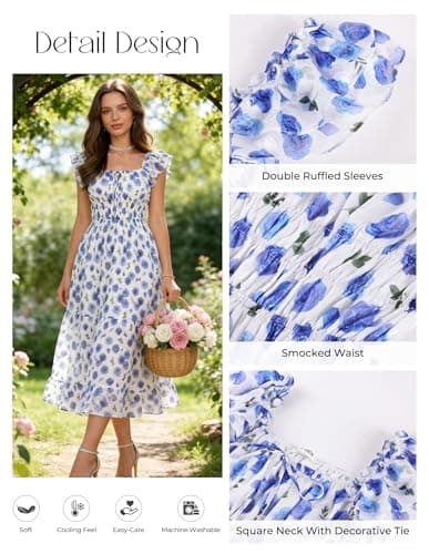 GRACE KARIN 2026 Women's Spring Floral Midi Dress Beach Wedding Guest Dresses Flowy A Line Casual Summer Clothes Blue Floral XL - Thumbnail 2