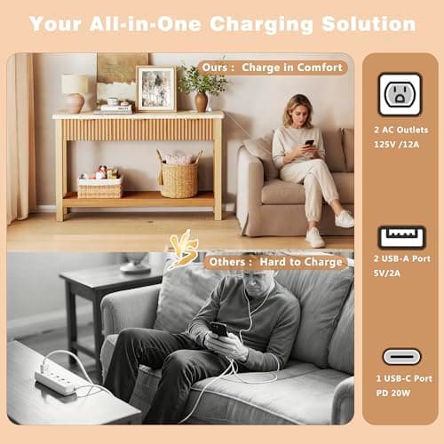 HUAHUU 47.2" Fluted Console Table with 3 Drawers, Long Sofa Table with Storage Behind Couch, Modern Entryway Table with Power Outlet & Open Storage for Entrance/Hallway/Foyer/Living Room, Oak - Thumbnail 3