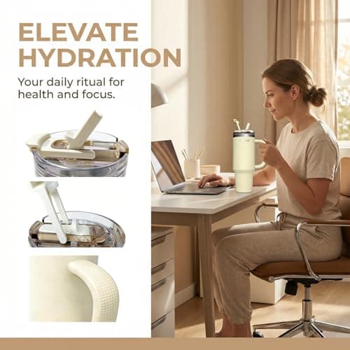 MIKENDA 40oz Insulated Tumbler with Straw | Double Wall Stainless Steel Travel Mug | Leak Proof Lid, 24hr Cold & 12hr Hot | Reusable Water Bottle for Office, Gym, Hiking(beige) - Thumbnail 6
