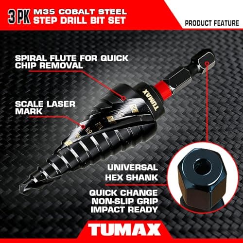 TUMAX 3 PCS M35 Cobalt Step Drill Bit Set with TiAlN Coating, 1/4" Hex Shank Impact Ready, 1/8" to 7/8" HSS-Co Multi-Hole Unibit with Dual-Spiral Flute for Stainless Steel, Metal, HVAC, Electrical - Thumbnail 5