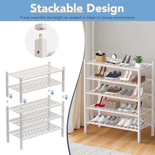 Haddockway 4 Tier Bamboo Shoe Rack Storage Organizer, Multifunctional Free Standing Stackable Shoe Shelf with Grid Panel for Closet,Hallway,Entryway,Small Space 27"x11"x26" - Thumbnail 6