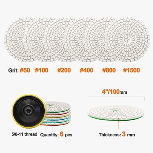 BRSCHNITT Wet Diamond Polishing Pad ,6pcs 4 inch (#50-#1500),for Granite Stone Marble Sanding used on Grinder or Polisher, with Hook & Loop 5/8-11 Plastic Backing Holder Pads - Thumbnail 2