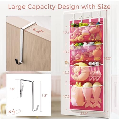 Criusia Over the Door Hanging Organizer, Extra-Large Door Storage Organizer with 4 Deep Mesh Pockets, Space-Saving Hanging Storage for Bedroom & Home Organization, Pink - Thumbnail 3