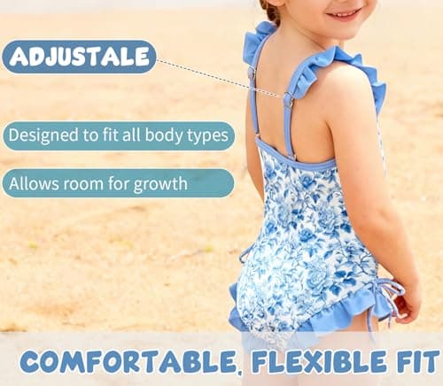 NikNio Toddler Swimsuit Girl Baby Girl Bathing Suit One Piece Sleeveless Newborn Infant Girl Swimwear with Hat Blue Flower 12-18 Months - Thumbnail 5