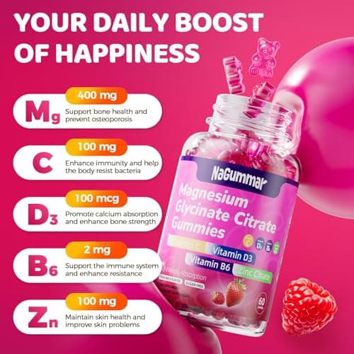 Magnesium glycinate 400mg Gummies ，High Absorption Magnesium Glycinate- Sugar Free Vegan Gummies for Adults with Vitamin D3, Zinc - Sleep, Stress ，Bone & Memory Support - 60 Count Raspberry - Thumbnail 4