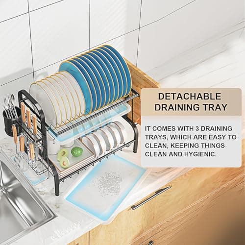 LEGUANG Dish Drying Rack, 2-Tier Stainless Steel Dish Rack for Kitchen Counter or Over Sink, Space Saving Organizer with Removable Drainboard,Home and Appartment Decor, Black - Thumbnail 6