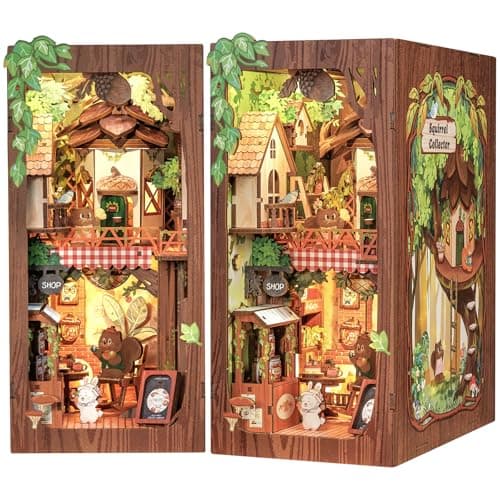 Cutefun Book Nook Kit, DIY Miniature Booknook Kit for Adults, 3D Wooden Puzzle Bookend Bookshelf Decor with LED Light & Dust Cover Creative Crafts Gifts for Book Lovers (Squirrel Collector)