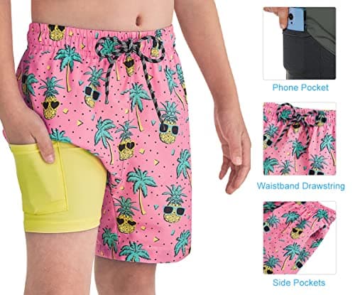 Cozople Teen Boys Swim Trunks with Compression LNER Novelty Pineapple Graphic Bathing Suit Swimwear Stretchy No Chafe Swimming Beach Board Shorts for Casual Swimwear with Pockets - Thumbnail 5